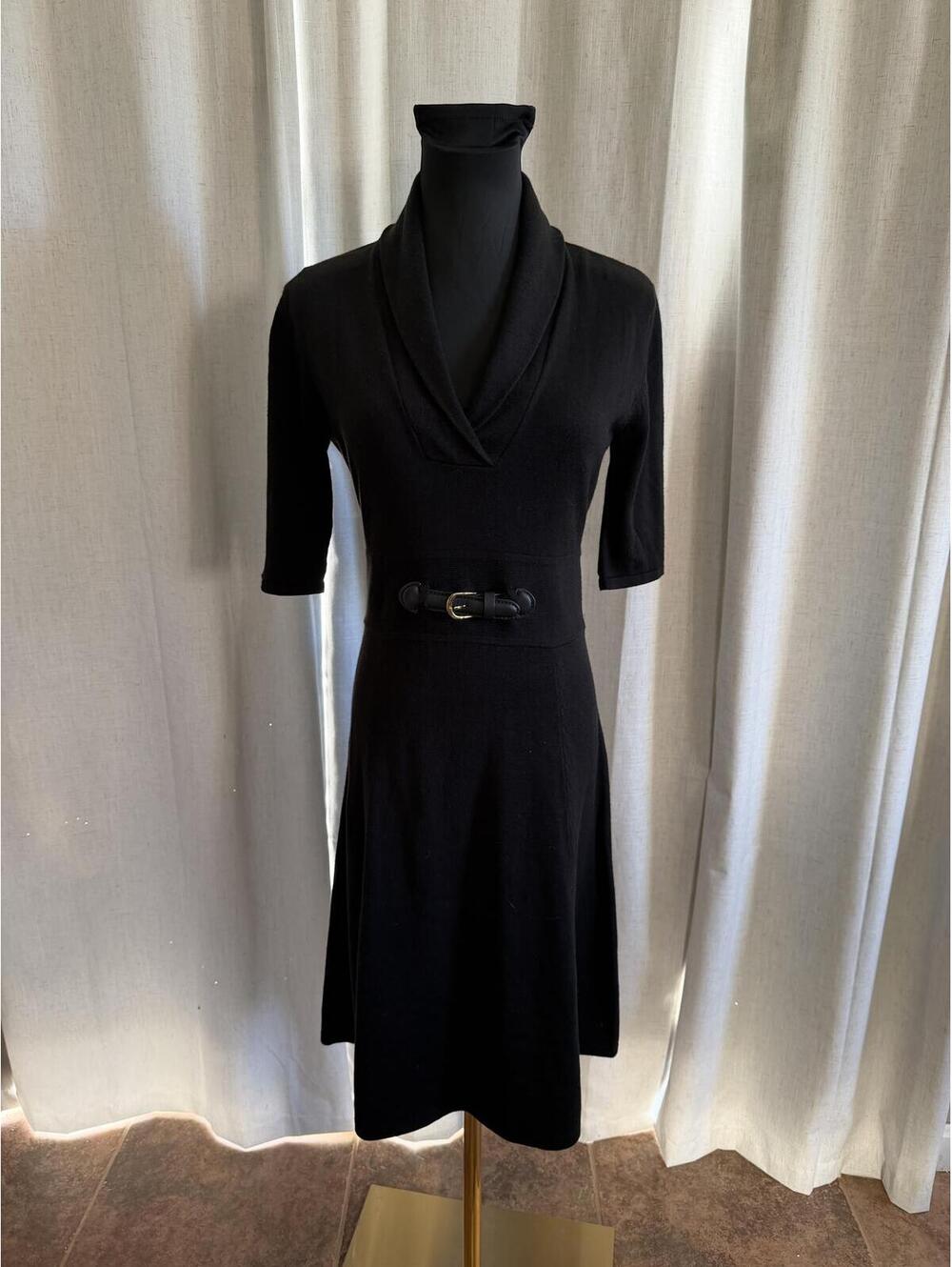 Calvin Klein Black Knit Cowl Neck Dress with Belted Waist